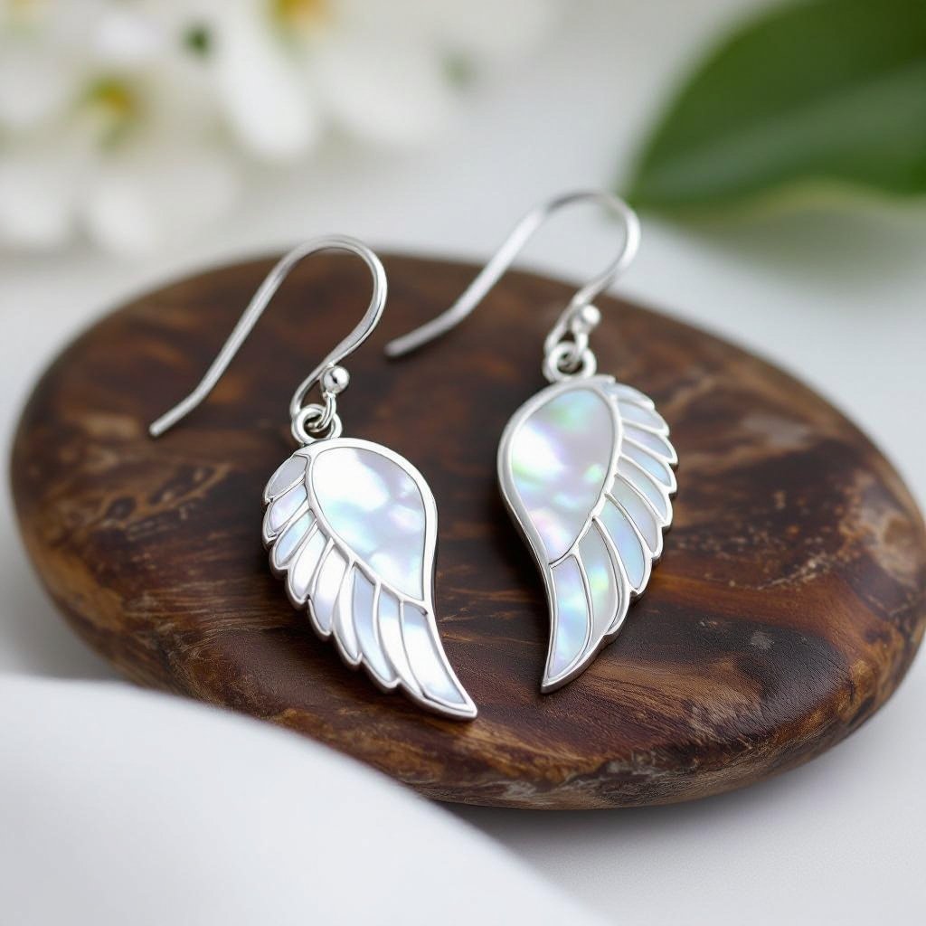 Серьги серебряные в виде белого крыла ангела из перламутра 