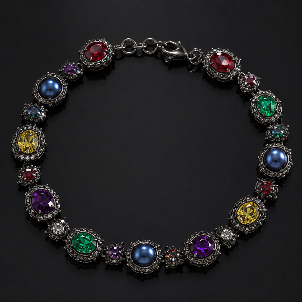A women's bracelet with red diamond and yellow ruby and green emerald and blue pearl and purple garnet and white sapphire stones suitable for party
photorealistic jewelry design, A women's bracelet with red diamond and yellow ruby and green emerald and blue pearl and purple garnet and white sapphire stones suitable for party, gothic style, just the design no text