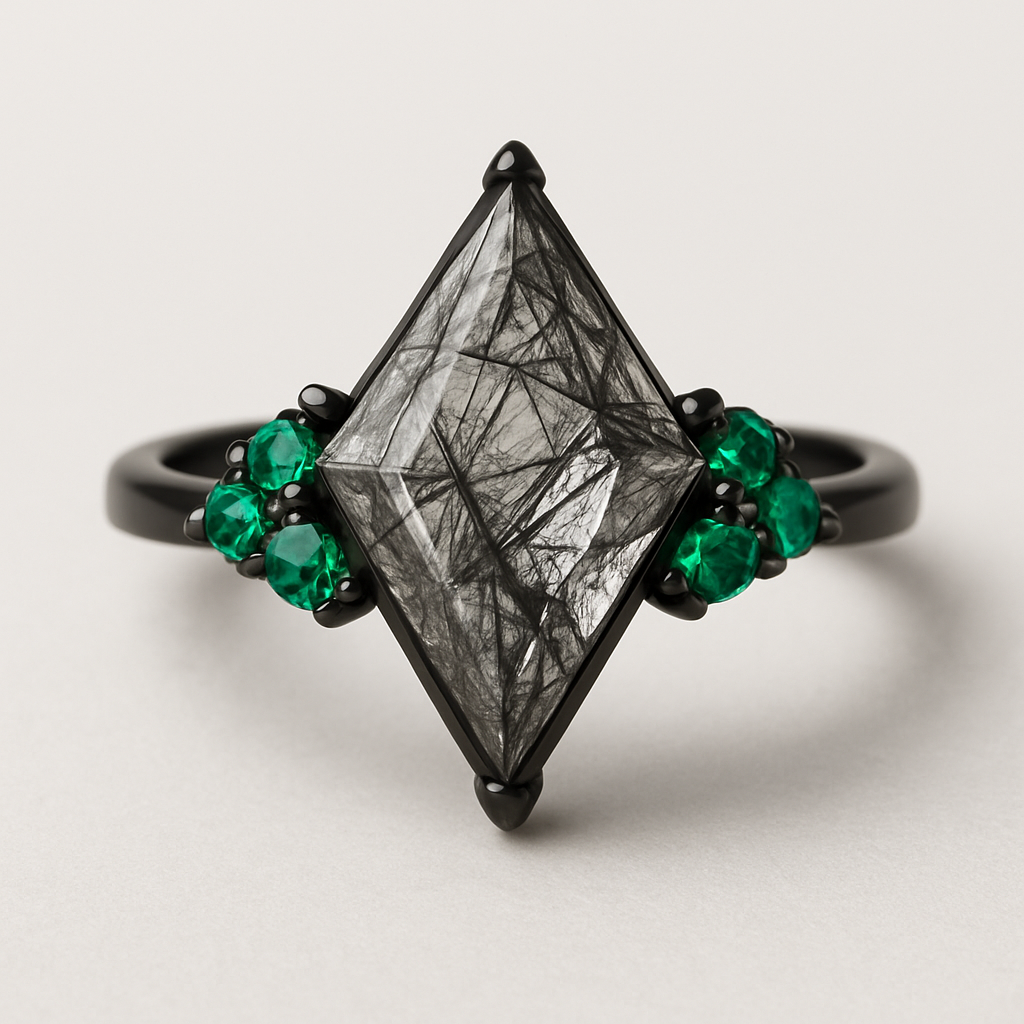 Black band, kite cut tourmalated quartz, emerald accent stones 3 on each side in a cluster 