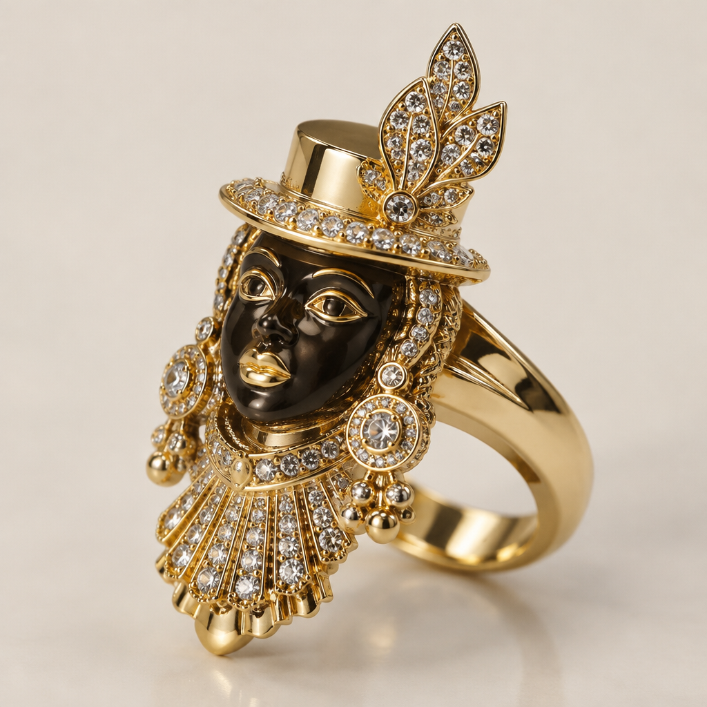 A women's ring. çabeza de morenada
photorealistic jewelry design, A women's ring. çabeza de morenada, modern style, just the design no text