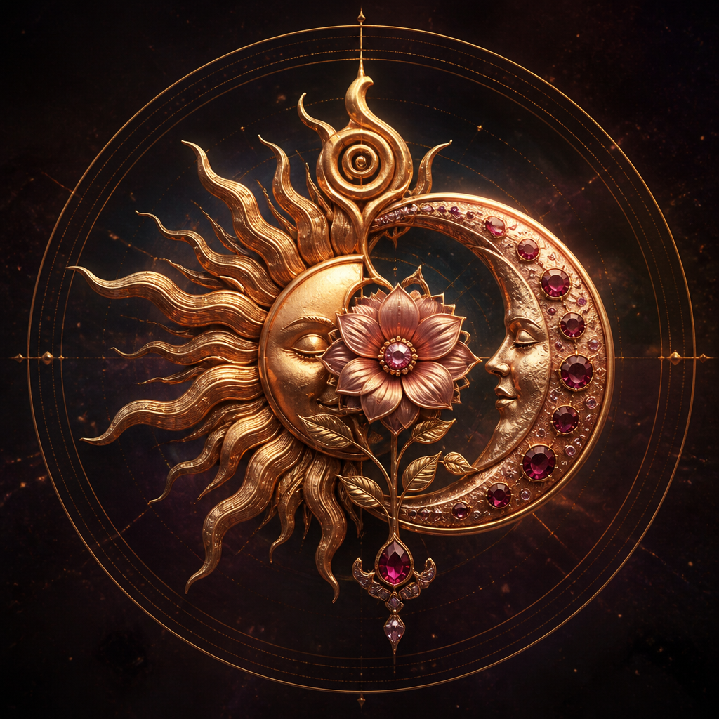 A vintage women's ring made of rose gold with ruby stones suitable for festival. A mystical and symbolic digital artwork featuring a prominent golden circle in the background. In the foreground, a radiant sun and a crescent moon are seamlessly intertwined and merged into one celestial emblem. From the exact center where they meet, a beautiful, delicate flower is blooming, its petals opening gracefully. Perched neatly on the top edge of the sun is a small, elegant spiral symbol. The overall aesthetic is ethereal, sacred geometry style, with intricate details, soft divine lighting, and a cosmic, magical atmosphere.🌀
photorealistic jewelry design, A vintage women's ring made of rose gold with ruby stones suitable for festival. A mystical and symbolic digital artwork featuring a prominent golden circle in the background. In the foreground, a radiant sun and a crescent moon are seamlessly intertwined and merged into one celestial emblem. From the exact center where they meet, a beautiful, delicate flower is blooming, its petals opening gracefully. Perched neatly on the top edge of the sun is a small, elegant spiral symbol. The overall aesthetic is ethereal, sacred geometry style, with intricate details, soft divine lighting, and a cosmic, magical atmosphere.🌀, vintage style, just the design no text