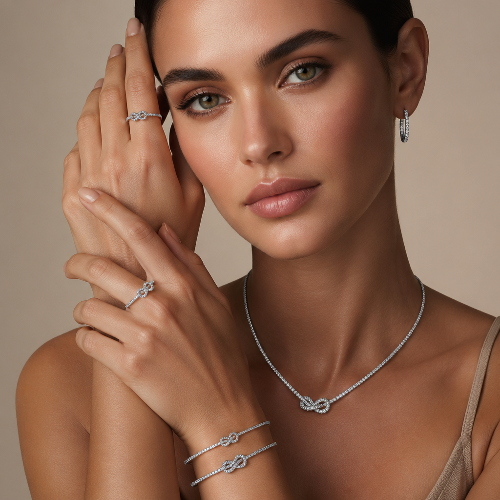 A women's ring. Create a high-end luxury jewelry campaign using the uploaded product images.
Use the uploaded necklace, bracelets, rings, and earrings as the exact products (no redesign, no shape modification, preserve all original details and proportions).
Apply them naturally on a professional female model in a high fashion editorial style.
Model: elegant, symmetrical face, high cheekbones, refined jawline, flawless luminous skin, hazel eyes with subtle green-gold-brown tones, calm and sophisticated expression.
Hair: sleek, dark, pulled back, minimal styling.
Jewelry: ensure all pieces form a cohesive matching set, perfectly aligned and visible.
Earrings subtle but visible, rings clearly shown on fingers, bracelets on wrists, necklace centered on neck.
Metal: platinum finish (cool-toned, slightly darker than silver, mirror-polished, dense luxury feel, realistic reflections).
Preserve real material appearance from uploaded images.
Lighting: soft diffused studio lighting, high-end jewelry lighting setup, controlled reflections, soft shadows, premium glow on skin and metal.
Background: minimal luxury beige or soft neutral gradient, clean and elegant.
Composition: close-up portrait with hands near face to highlight rings and bracelets, balanced framing, focus on jewelry and face harmony.
Branding:
Replace any existing text with: "TEJ AL MADINA"
Add in corner in luxury serif font: TEJ AL MADINA
Add below: "Eternal Bond Collection"
Minimal, refined, editorial layout (Vogue-style but no external brand names).
Quality: ultra realistic, 8K, sharp focus, shallow depth of field, luxury campaign, global high jewelry brand aesthetic.
Priority: product fidelity first, no distortion, no redesign, accurate placement of uploaded jewelry.
photorealistic jewelry design, A women's ring. Create a high-end luxury jewelry campaign using the uploaded product images.
Use the uploaded necklace, bracelets, rings, and earrings as the exact products (no redesign, no shape modification, preserve all original details and proportions).
Apply them naturally on a professional female model in a high fashion editorial style.
Model: elegant, symmetrical face, high cheekbones, refined jawline, flawless luminous skin, hazel eyes with subtle green-gold-brown tones, calm and sophisticated expression.
Hair: sleek, dark, pulled back, minimal styling.
Jewelry: ensure all pieces form a cohesive matching set, perfectly aligned and visible.
Earrings subtle but visible, rings clearly shown on fingers, bracelets on wrists, necklace centered on neck.
Metal: platinum finish (cool-toned, slightly darker than silver, mirror-polished, dense luxury feel, realistic reflections).
Preserve real material appearance from uploaded images.
Lighting: soft diffused studio lighting, high-end jewelry lighting setup, controlled reflections, soft shadows, premium glow on skin and metal.
Background: minimal luxury beige or soft neutral gradient, clean and elegant.
Composition: close-up portrait with hands near face to highlight rings and bracelets, balanced framing, focus on jewelry and face harmony.
Branding:
Replace any existing text with: "TEJ AL MADINA"
Add in corner in luxury serif font: TEJ AL MADINA
Add below: "Eternal Bond Collection"
Minimal, refined, editorial layout (Vogue-style but no external brand names).
Quality: ultra realistic, 8K, sharp focus, shallow depth of field, luxury campaign, global high jewelry brand aesthetic.
Priority: product fidelity first, no distortion, no redesign, accurate placement of uploaded jewelry., modern style, just the design no text