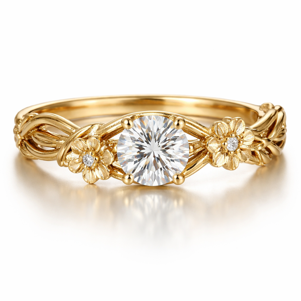 I want an intertwined vine band with small flowers with diamonds in the flowers, maybe 1-2 flowers on each side of the band and then one large diamond in the middle, it’s an engagement ring. I want yellow gold.