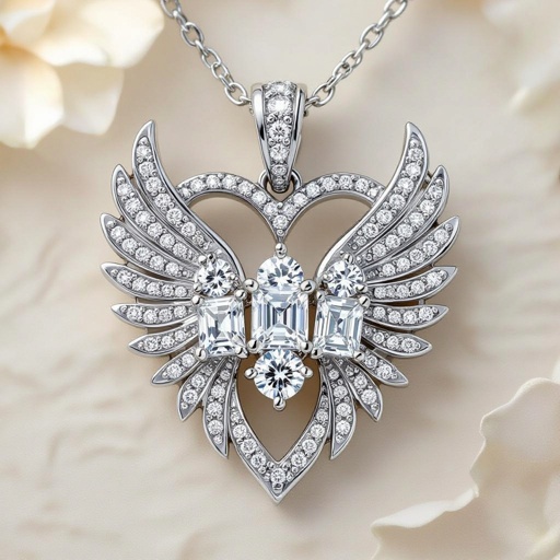 Angel wing open pendant with a heart behind the wings. On the heart in the center will be 3 diamonds in a vertical row, the top round diamond held in with 3 prongs and approximately 3.5mm, the center diamond is a princess cut held in with 4 prongs, approximately 6.12mm, and the bottom diamond another round held in with 3 prongs approximately 3.5mm. This will be all in 14k white gold. The wings will be all pave diamonds