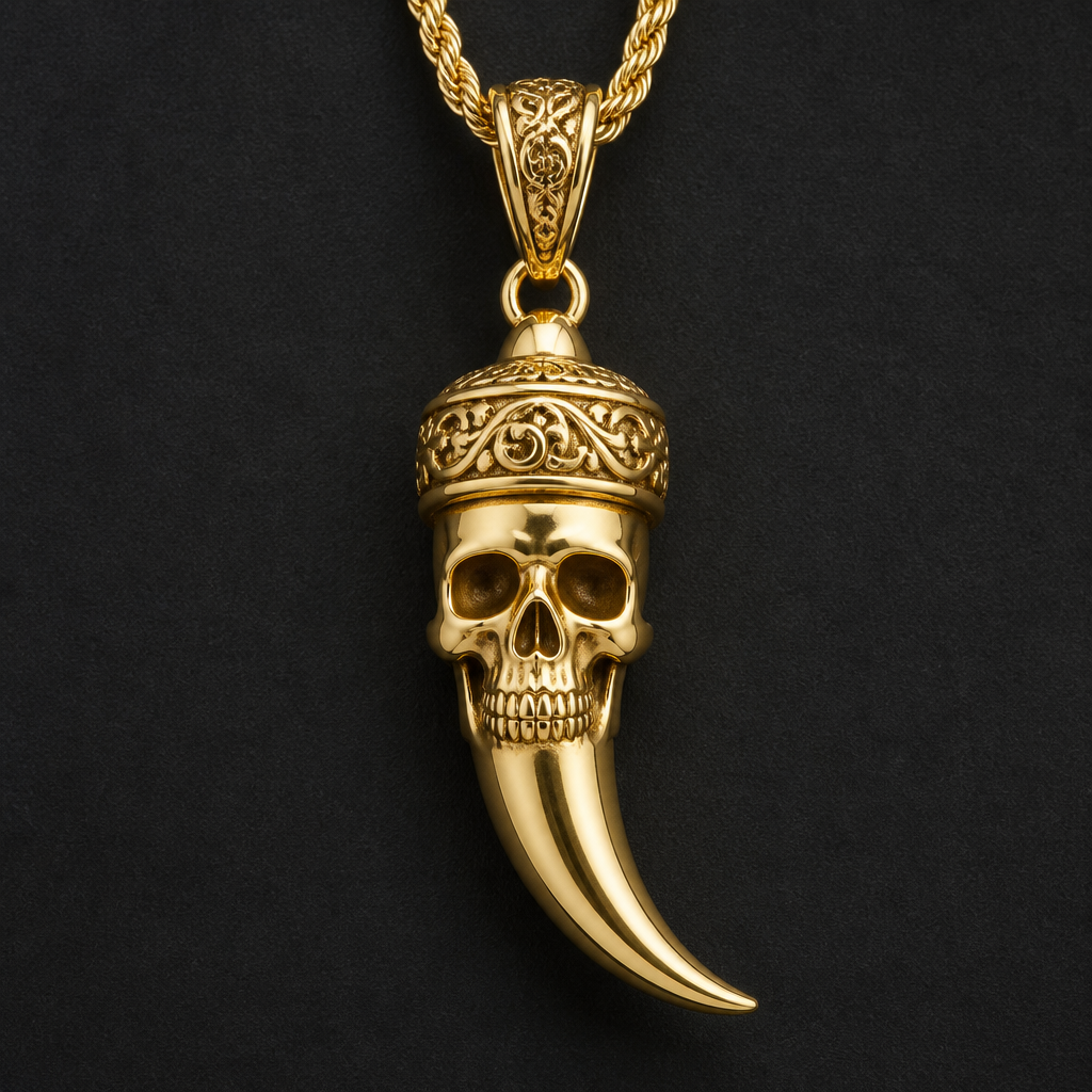 A pendant men's necklace made of gold, detailed and decorative, moderately ornate. skull and iskull italian horn
photorealistic jewelry design, A pendant men's necklace made of gold, detailed and decorative, moderately ornate. skull and iskull italian horn, pendant style, just the design no text