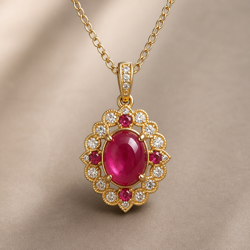 A minimalist women's pendant with ruby stones suitable for daily wear, detailed and decorative, moderately ornate
using the attached image as a visual reference, create A minimalist women's pendant with ruby stones suitable for daily wear, detailed and decorative, moderately ornate. photorealistic, just the design no text