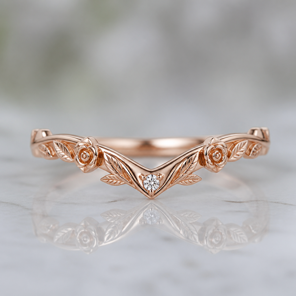 A chevron shaped rose vine wedding band with a small imbedded round diamond.
photorealistic jewelry design, A chevron shaped rose vine wedding band with a small imbedded round diamond., nature_inspired style, just the design no text