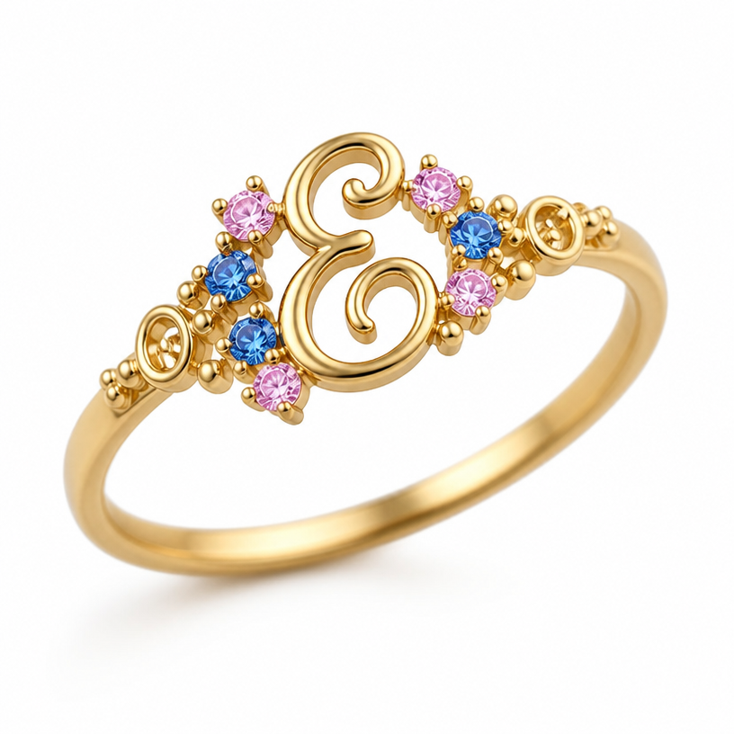 A minimalist women's ring, detailed and decorative, moderately ornate. um anel de 15 anos na cor dourada com inicial E com pedrinhas azul e pedrinhas rosa em volta
using the attached image as a visual reference, create A minimalist women's ring, detailed and decorative, moderately ornate. um anel de 15 anos na cor dourada com inicial E com pedrinhas azul e pedrinhas rosa em volta. photorealistic, just the design no text