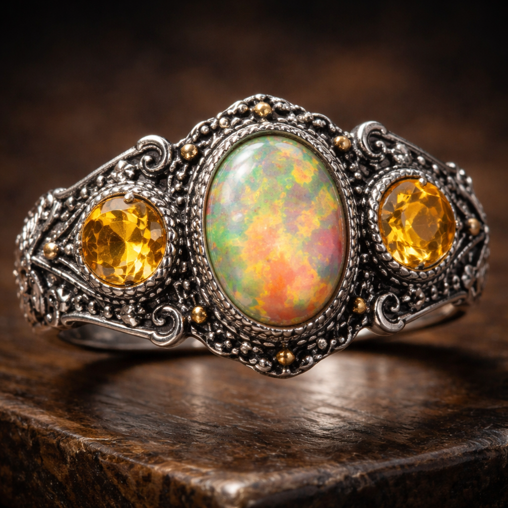 Two round citrine and one oval opal set in silver ring