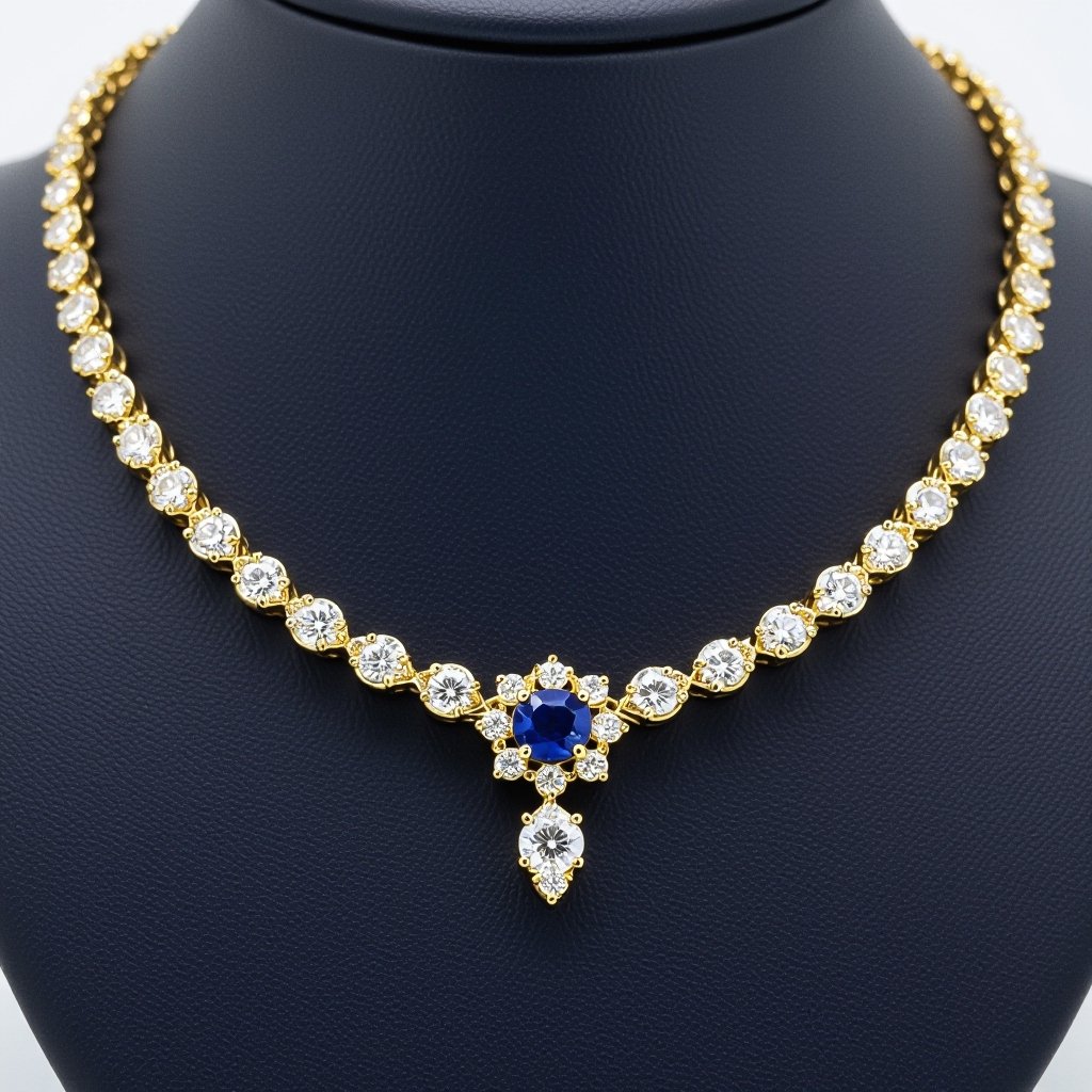 A gold necklace with a sapphire and a diamond that rappresent the fight against mental illness 