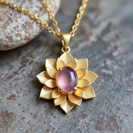 Золотая матовая цепочка. Подвеска матовая лотос шесть лепестков нижние лепестки крупнее верхних  не круглый . В сердце лотоса матовый розовый кварц овальный