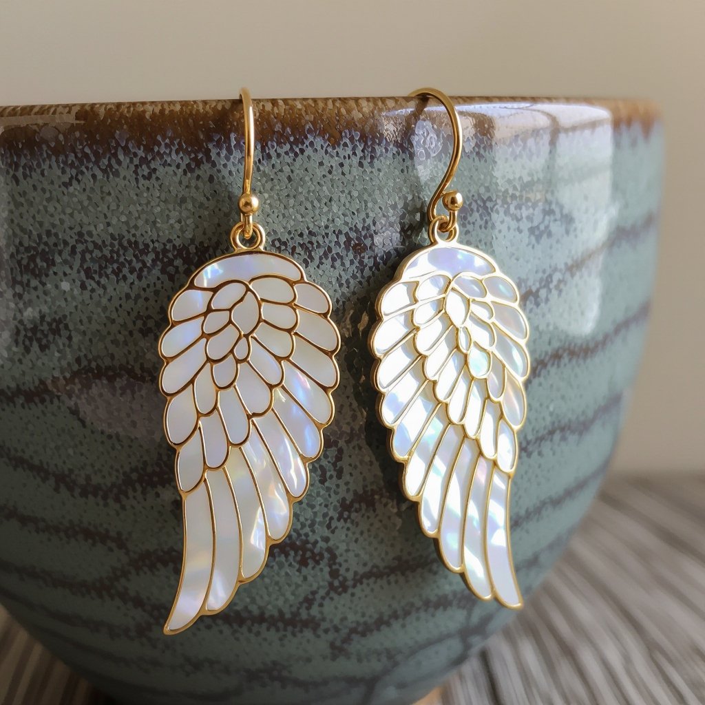 Серьги в виде белого крыла ангела из перламутра в золоте