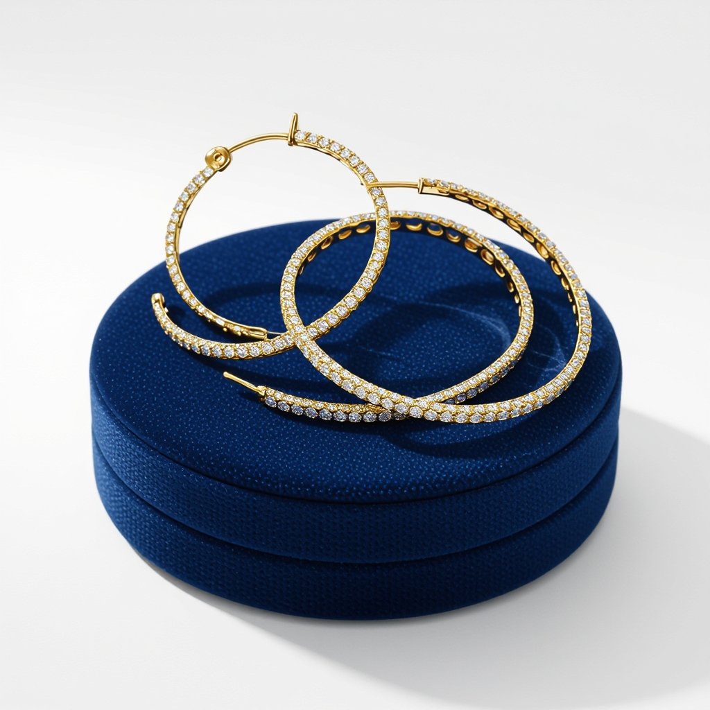 Eclipsera Hoops 	•	Style: Eclipse-inspired double hoop; smaller hoop suspended on chain inside larger hoop. 	•	Dimensions: Outer hoop Ø 26 mm; inner hoop Ø 14 mm. 	•	Material: 18K gold-plated sterling silver. 	•	Gem Details: Tiny pavé CZ/lab diamonds on smaller inner hoop. 	•	Closure: Lock-in hinge snap closure. 	•	Notes: Inner hoop must rotate freely with slight shimmer.