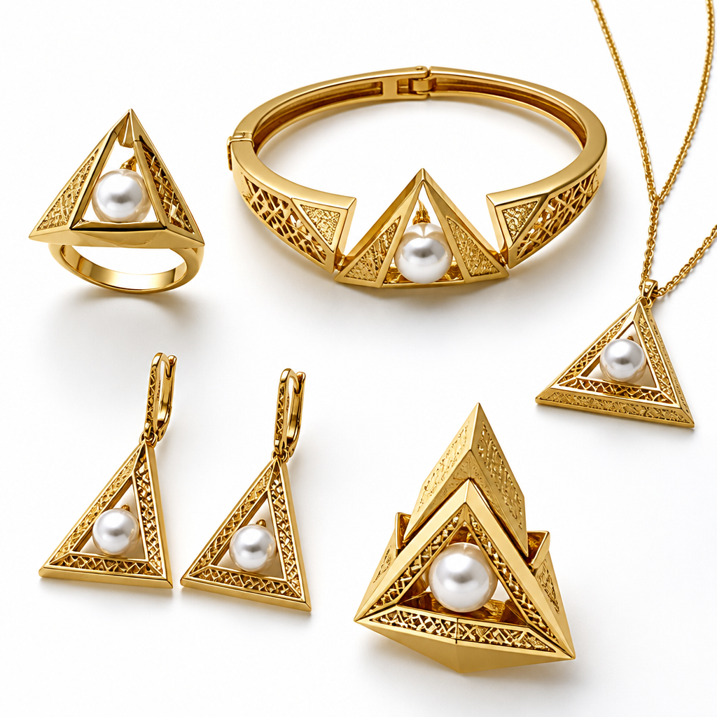Create an exclusive haute joaillerie 21K yellow gold jewelry collection inspired by the majestic pyramids of Giza and contemporary Arabic architecture. The design should embrace minimalism with bold triangular geometry, clean lines, layered pyramid silhouettes, and delicate Islamic geometric motifs engraved into the gold. Natural white pearls float gracefully within the geometric framework, creating a striking contrast between softness and structure. Elegant proportions, luxurious craftsmanship, modern Middle Eastern aesthetic, premium high jewelry, polished yellow gold, subtle matte textures, architectural elegance, timeless luxury, editorial jewelry photography, ultra-realistic, cinematic lighting, white seamless background, 8K.
photorealistic jewelry design, Create an exclusive haute joaillerie 21K yellow gold jewelry collection inspired by the majestic pyramids of Giza and contemporary Arabic architecture. The design should embrace minimalism with bold triangular geometry, clean lines, layered pyramid silhouettes, and delicate Islamic geometric motifs engraved into the gold. Natural white pearls float gracefully within the geometric framework, creating a striking contrast between softness and structure. Elegant proportions, luxurious craftsmanship, modern Middle Eastern aesthetic, premium high jewelry, polished yellow gold, subtle matte textures, architectural elegance, timeless luxury, editorial jewelry photography, ultra-realistic, cinematic lighting, white seamless background, 8K., mediterranean style, just the design no text