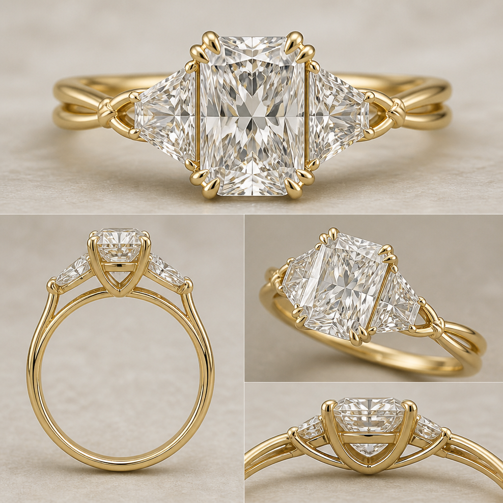 Trilogy ring with radiant cut diamond in center sitting on 18k yellow gold band.
Centre stone is 1,4-1,6 ratio, 2.5-3Ct radiant cut diamond with E color VVS2 clarity and excellent cut diamond, accompanied with two trapezoid cut diamonds on each side of centre stone. These two side stones will be cut in a way that one side of the stone is longer than the other. The longer side of side stones will be 2-3mm shorter than the side of centre stone. Which will create this seamless integrated look of one big stone rather than three stones. The reason 2-3 mm is to consider the claws that will be holding the stones, and the space that will take to create the ring.
The ring will have a cathedral setting but the stones will sit on tulip basket, but instead of tulip petals. All diamonds will be held by claws, centre stone will be held by double claws, side stones will beheld by one claw, on each 4 corner of each stone.
From the claws of each side stones, it will fall down to the band creating flow and integrated look creating the band. The band will look like it’s made out of two thin bands which is coming from the claws of side stones. Where the two thing bands meet when connected from the claws there will be small two thin bands crossing that will look like tieing them together holding it together.
photorealistic jewelry design, Trilogy ring with radiant cut diamond in center sitting on 18k yellow gold band.
Centre stone is 1,4-1,6 ratio, 2.5-3Ct radiant cut diamond with E color VVS2 clarity and excellent cut diamond, accompanied with two trapezoid cut diamonds on each side of centre stone. These two side stones will be cut in a way that one side of the stone is longer than the other. The longer side of side stones will be 2-3mm shorter than the side of centre stone. Which will create this seamless integrated look of one big stone rather than three stones. The reason 2-3 mm is to consider the claws that will be holding the stones, and the space that will take to create the ring.
The ring will have a cathedral setting but the stones will sit on tulip basket, but instead of tulip petals. All diamonds will be held by claws, centre stone will be held by double claws, side stones will beheld by one claw, on each 4 corner of each stone.
From the claws of each side stones, it will fall down to the band creating flow and integrated look creating the band. The band will look like it’s made out of two thin bands which is coming from the claws of side stones. Where the two thing bands meet when connected from the claws there will be small two thin bands crossing that will look like tieing them together holding it together., just the design no text