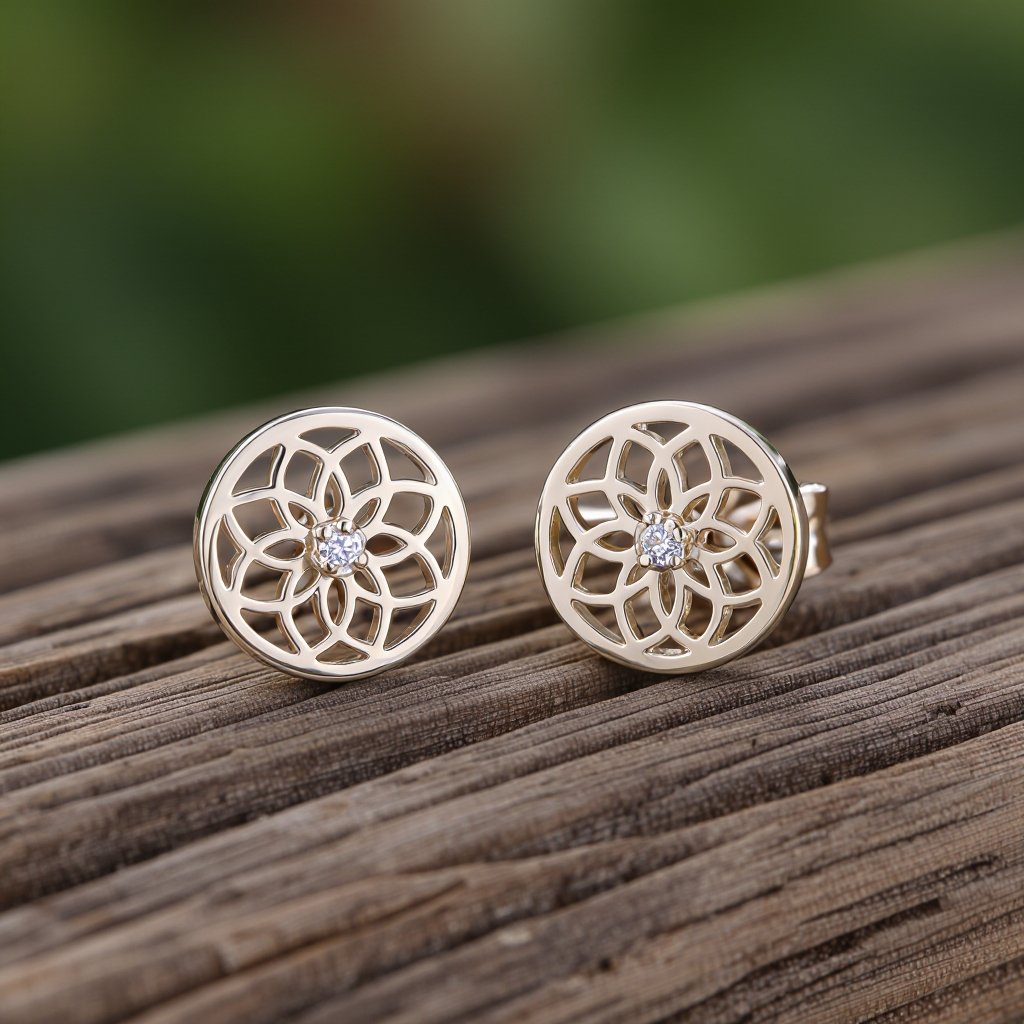 Пуссеты винтовой замок круглый символ цветка жизни с маленьким фианитом по центру