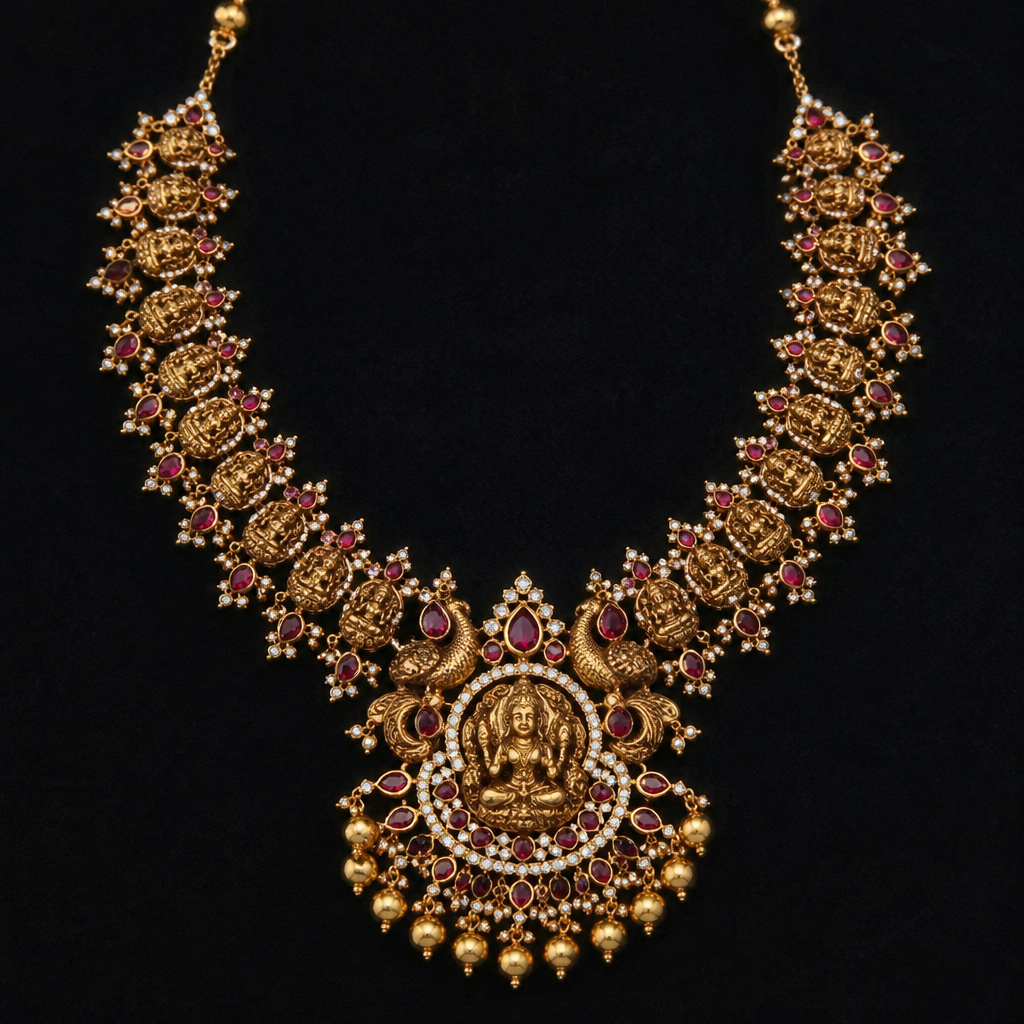 A luxury women's necklace made of gold with ruby and diamond stones. South Indian temple jewellers
photorealistic jewelry design, A luxury women's necklace made of gold with ruby and diamond stones. South Indian temple jewellers, luxury style, just the design no text