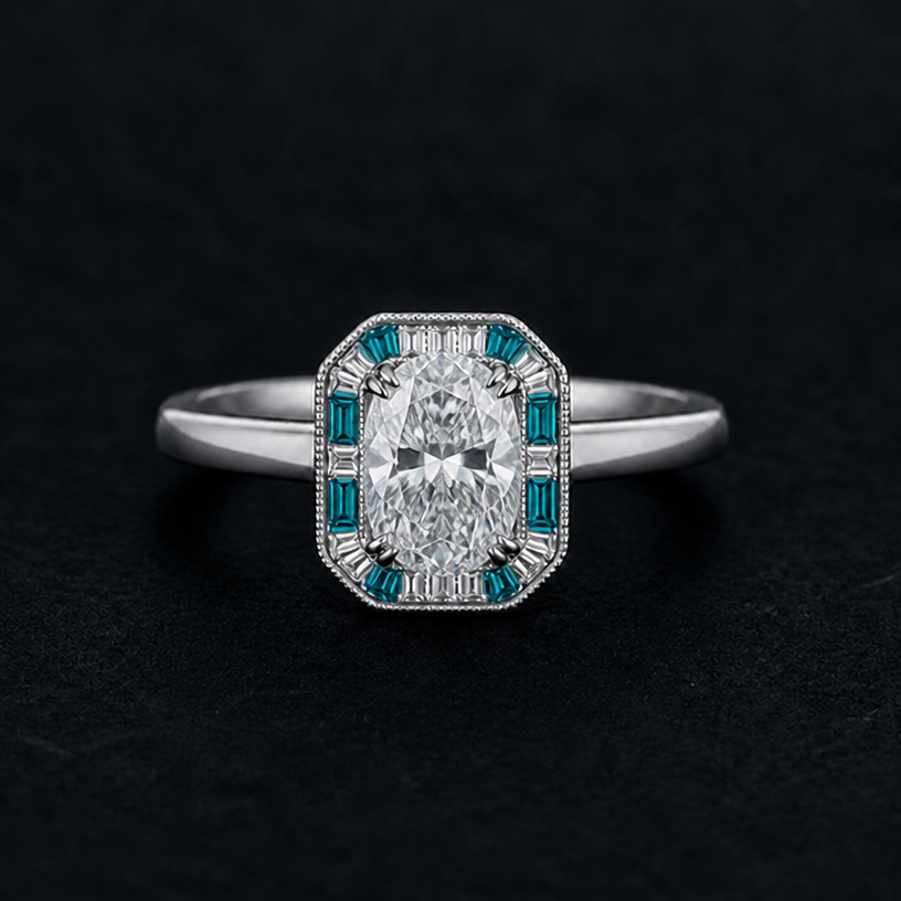 Change middle stone to white diamond oval
edit the attached jewelry design with these instructions: Change middle stone to white diamond oval. keep it photorealistic, just the design no text