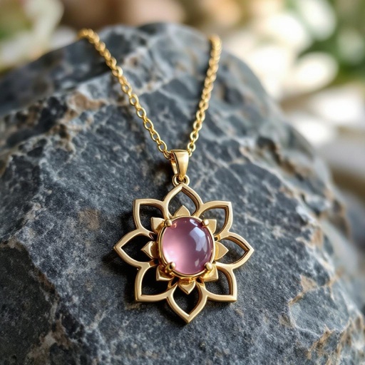 Золотая матовая цепочка. Подвеска матовая лотос шесть лепестков нижние лепестки крупнее верхних  не круглый . В сердце лотоса матовый розовый кварц овальный