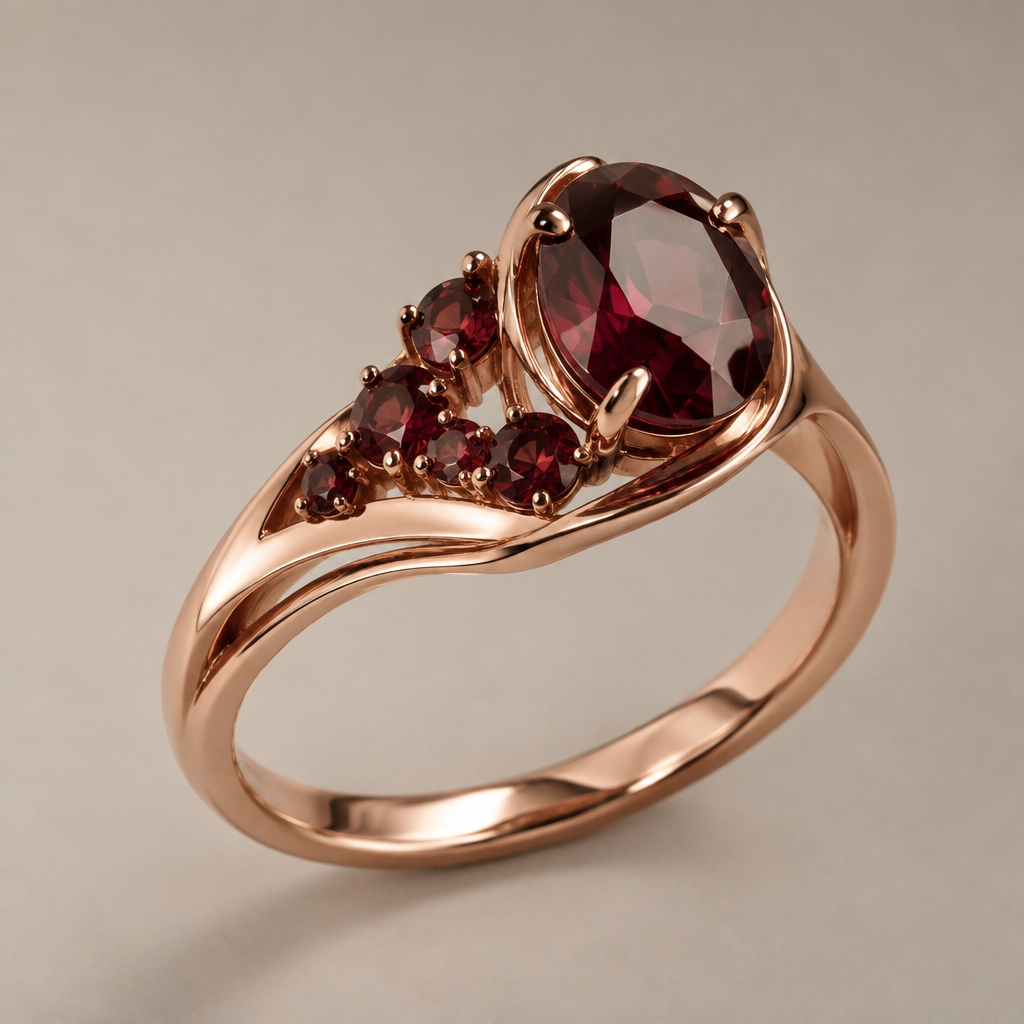 A women's ring with garnet stones
photorealistic jewelry design, A women's ring with garnet stones, modern style, just the design no text