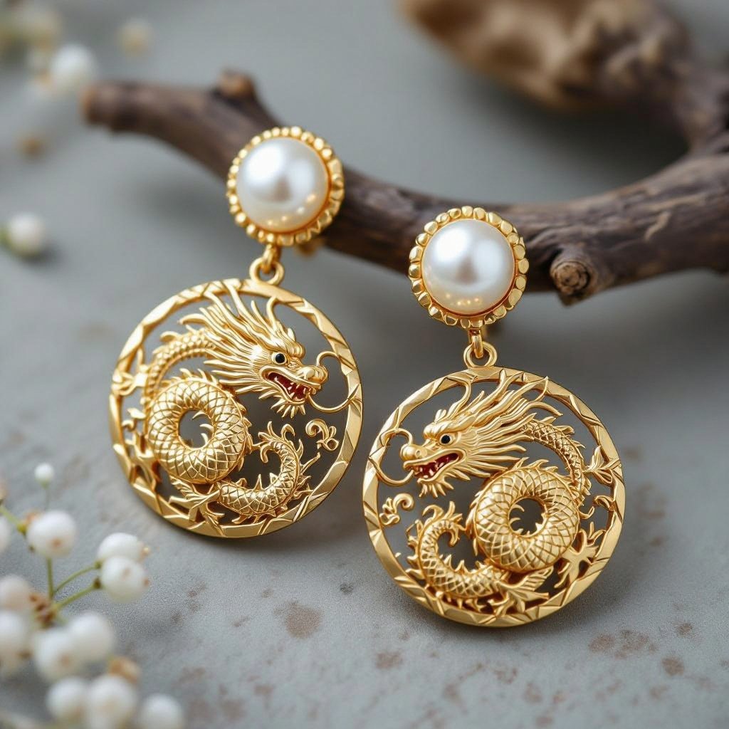 Золотые матовые серьги с изображением дракона узоры и жемчуг 