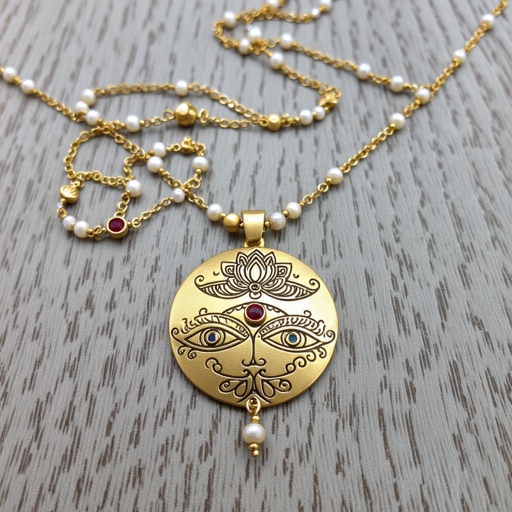 Кулон на длинной цепочке. Матовое светлое золото. В цепочке небольшие золотые шарики и жемчуг. Кулон в виде двух глаз над ними лотос с маленьким красным камнем внутри узоры завитушки 
