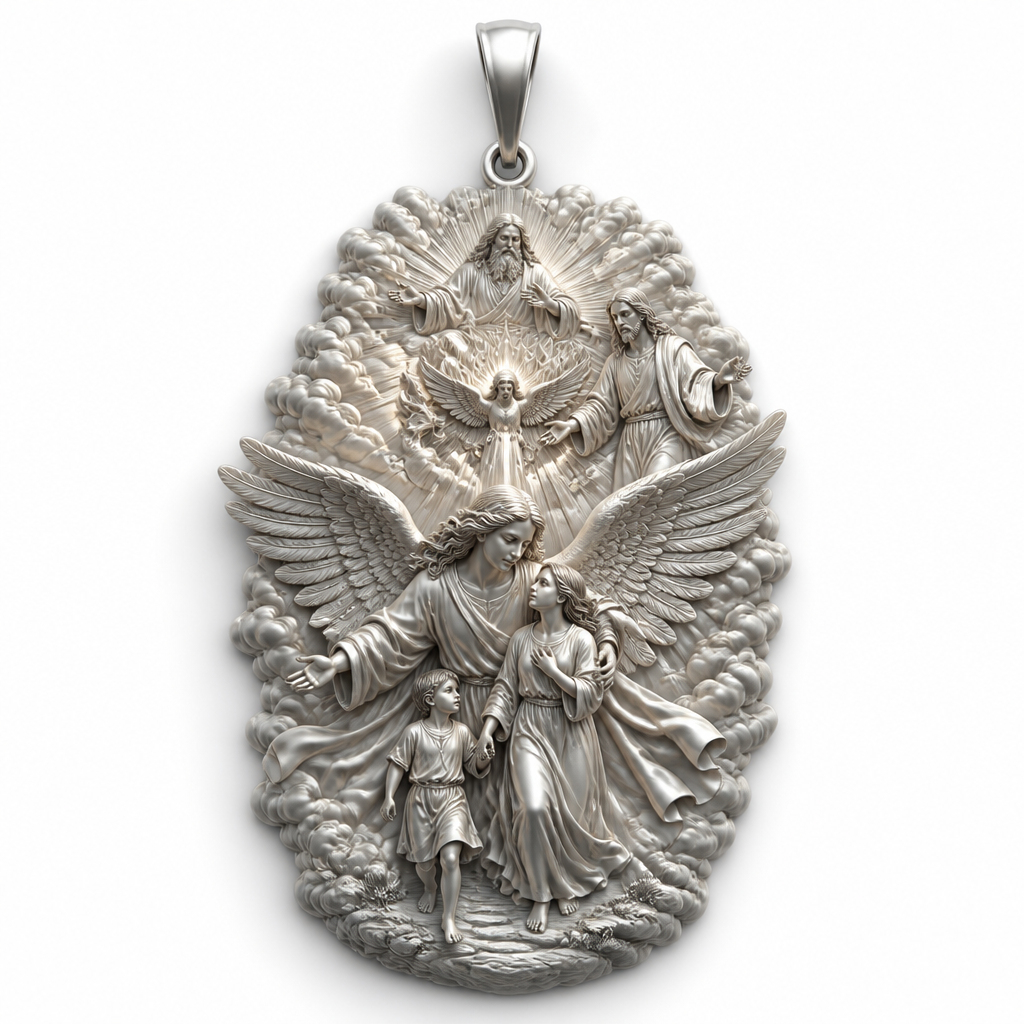 A modern women's pendant made of silver suitable for festival. An extraordinary excellent beautiful delicate and elegant pendant with the Guardian Angel with a beautiful delicate and elegant face, with long hair, with big wings flying, with a beautiful delicate elegant and with beautiful curves at her body, with a beautiful delicate and elegant tunic holding a child and an adult with its hands protecting them and guiding them on the way of the Holy Trinity. Sawing the way of the Holy Trinity in front of them God the Father, God the Son and God the Holy Spirit, the Holy Spirit to be as an Angel with a dove under the Angel surrounded by tongues of fire radiating light to the persons and the Guardian Angel, without the surrounding metals of the pendant. All the persons and the surrounding area to be 3D like statues.