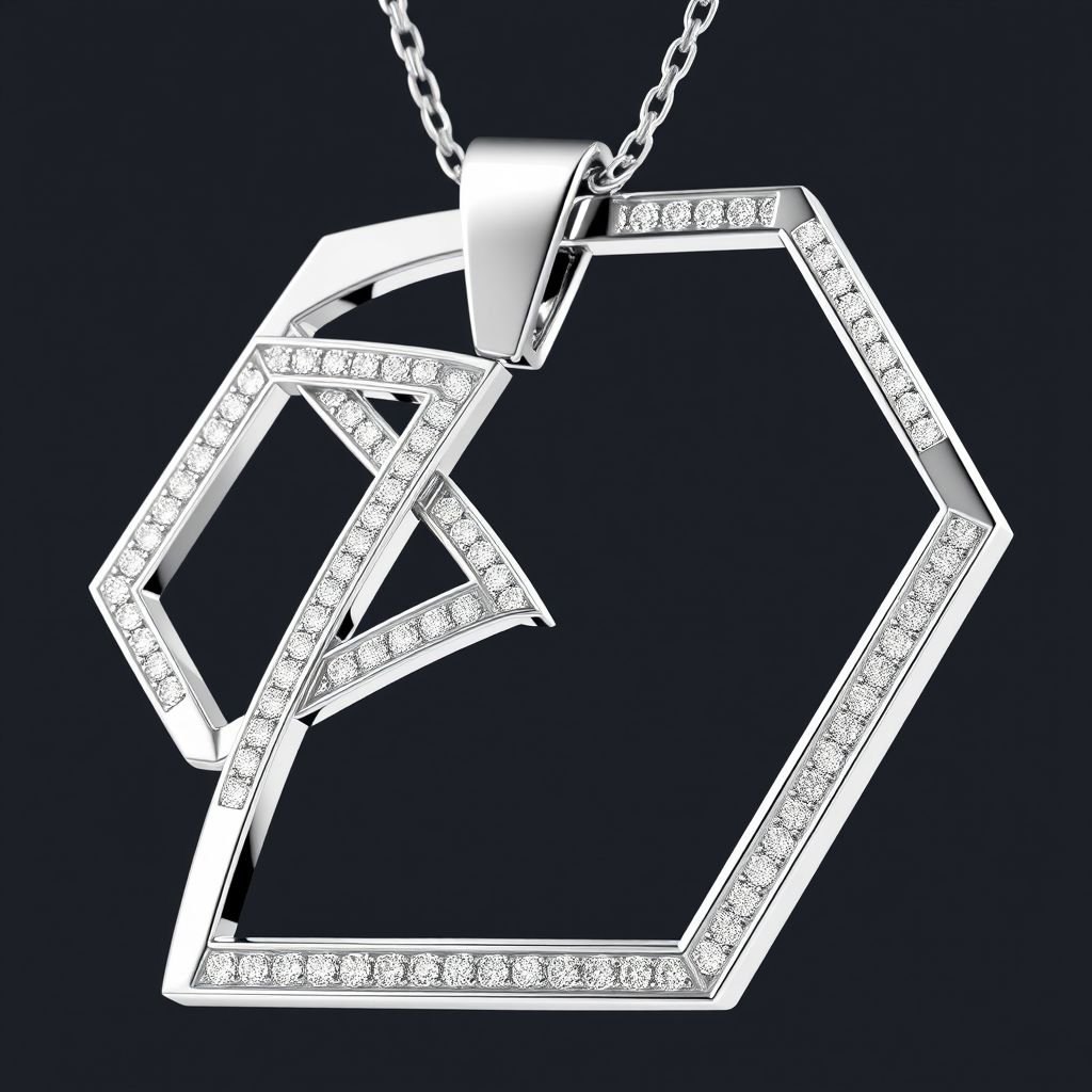 Geomatric pendant of white gold with white diamonds 