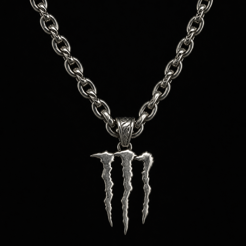 A chain women's necklace made of silver, detailed and decorative, moderately ornate. un dije de la M de Monster energy con una cadena gruesa
photorealistic jewelry design, A chain women's necklace made of silver, detailed and decorative, moderately ornate. un dije de la M de Monster energy con una cadena gruesa, chain style, just the design no text