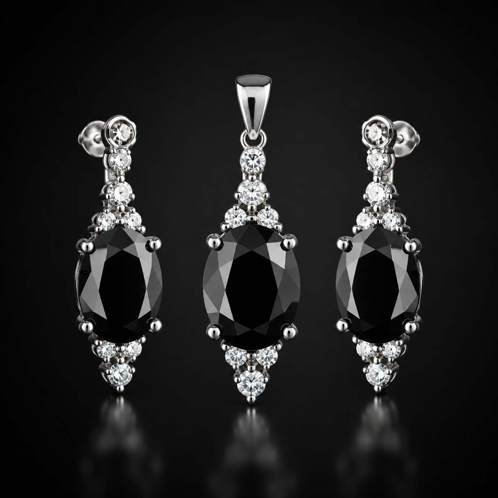 black moissanite earrings and pendant with side stones
photorealistic jewelry design, black moissanite earrings and pendant with side stones , just the design no text