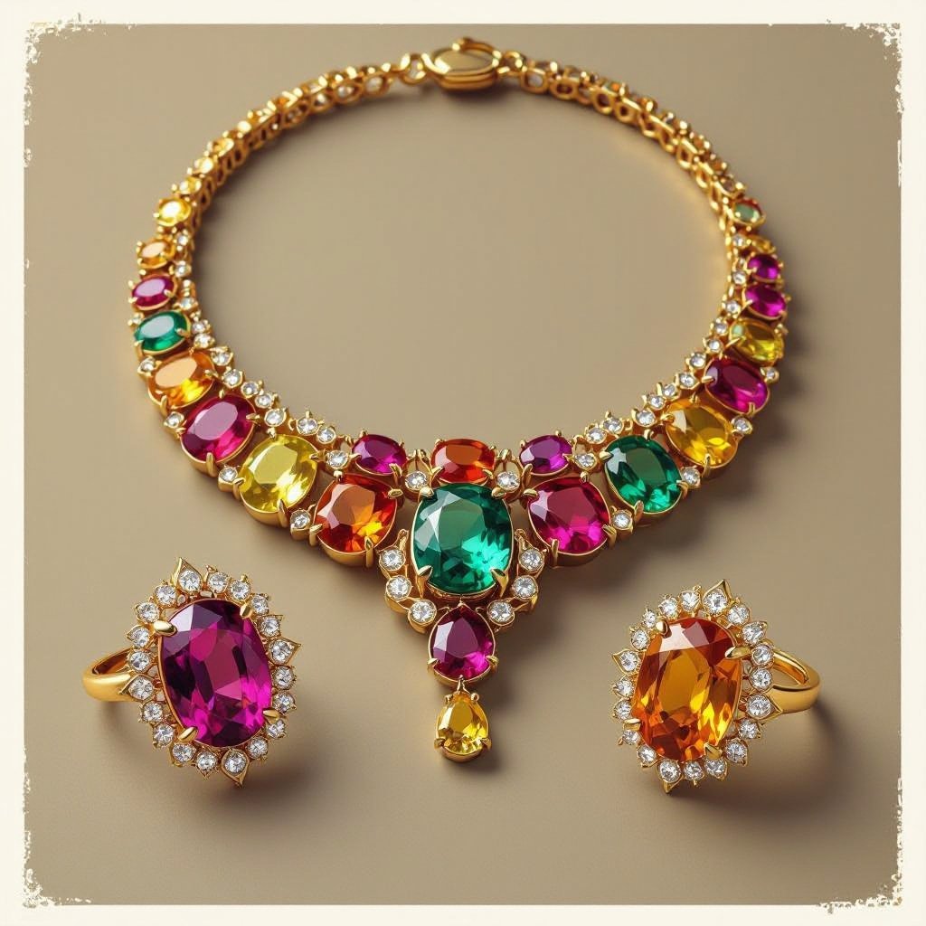Necklace and ring and earring with luxury colorful jewel with gold
