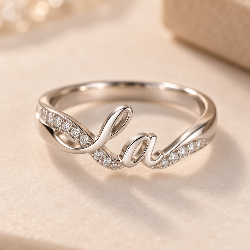 A modern women's ring made of silver suitable for anniversary, detailed and decorative, moderately ornate. 사진과 같은 꼬임 디자인에 이니셜 la 라인으로 표현해주세요.
using the attached image as a visual reference, create A modern women's ring made of silver suitable for anniversary, detailed and decorative, moderately ornate. 사진과 같은 꼬임 디자인에 이니셜 la 라인으로 표현해주세요.. photorealistic, just the design no text