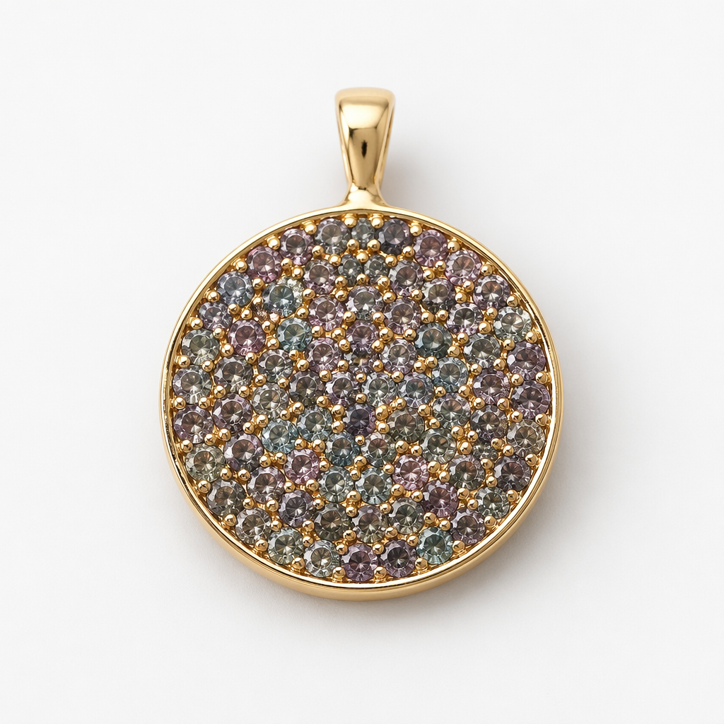 A round 14k yellow gold 12 mm disc set with pave brilliant round alexandri te. Small taper bale at the top of the disc
photorealistic jewelry design, A round 14k yellow gold 12 mm disc set with pave brilliant round alexandri te. Small taper bale at the top of the disc, just the design no text