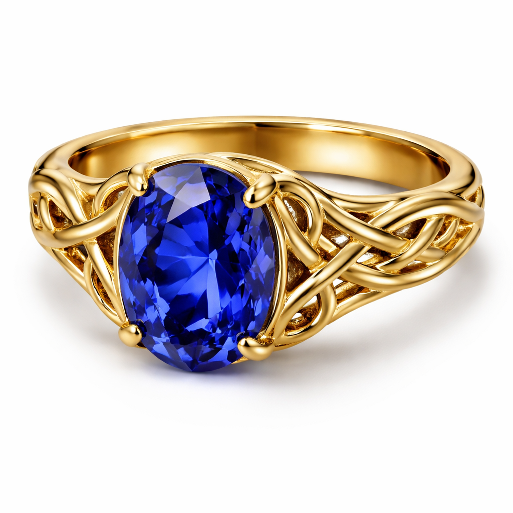 4 carat sapphire royal blue ring in any design in yellow gold only and with no additional diamonds, something sexy, provocative and bright , something for a young woman that knows what she wants and everyone envy’s her , show me picture without finger just ring
