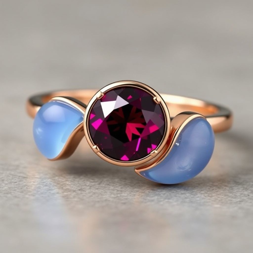 A simple, three stone 18 karat rose gold engagement ring set with a circular alexandrite. Also set with a small half moon blue chalcedony on one side right next to it, and a small half moon moonstone set on the other side right next to it. On the inside of the band, it has an inscription reading, “Tuum. Et in hac vita et in altera.”