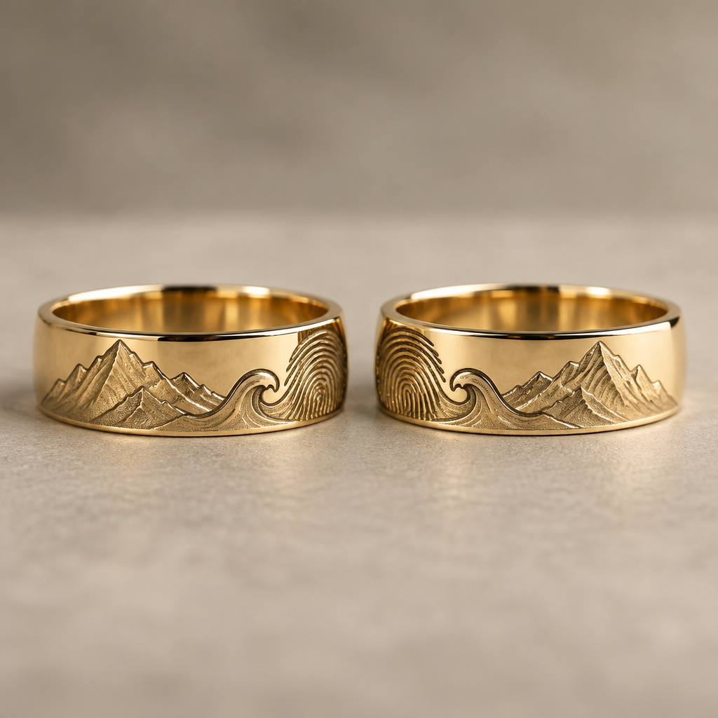 A women's ring. algo ya matrimoniales en la parte de arriba van a llevar un dibujo de unas montañas consecuente unas olas y consecuente unas huellas digitales pero el mismo dibujo va a ir en los dos anillos para cuando yo se unan se junten las imágenes en oro anillos matrimoniales
photorealistic jewelry design, A women's ring. algo ya matrimoniales en la parte de arriba van a llevar un dibujo de unas montañas consecuente unas olas y consecuente unas huellas digitales pero el mismo dibujo va a ir en los dos anillos para cuando yo se unan se junten las imágenes en oro anillos matrimoniales, modern style, just the design no text