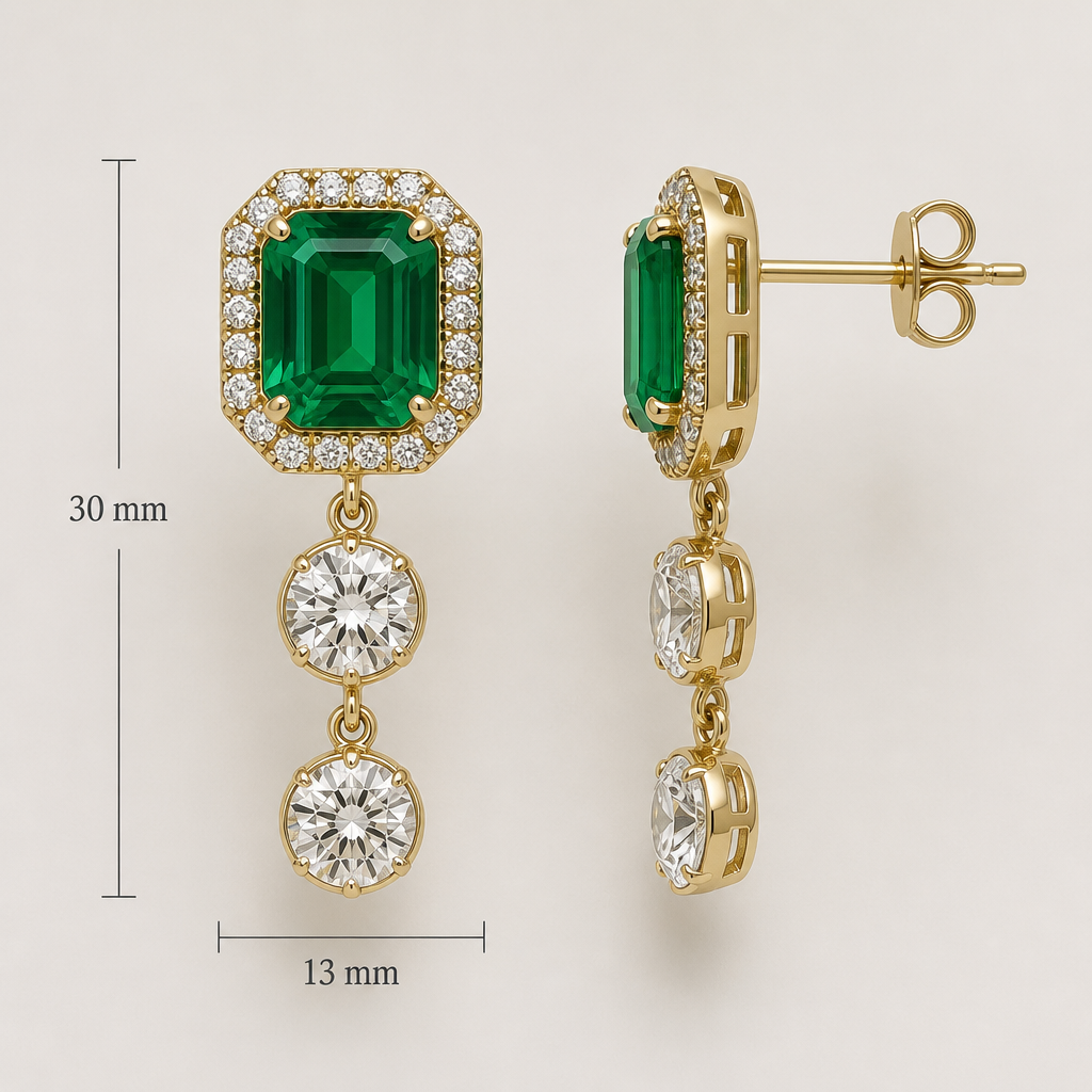 . Refinement: I want to modify this earring by adding another diamond underneath the existing one using a small band that connects the two stones, allowing them to move freely while maintaining the rest of the design. The total length of the earring is 30 mm and its width is 13 mm. I would like the image to include these dimensions written out, along with the approximate weight of the emerald and the size of the diamonds (if each is 1 cm), and the approximate weight of the 18-karat gold.
photorealistic jewelry design, . Refinement: I want to modify this earring by adding another diamond underneath the existing one using a small band that connects the two stones, allowing them to move freely while maintaining the rest of the design. The total length of the earring is 30 mm and its width is 13 mm. I would like the image to include these dimensions written out, along with the approximate weight of the emerald and the size of the diamonds (if each is 1 cm), and the approximate weight of the 18-karat gold., just the design no text
