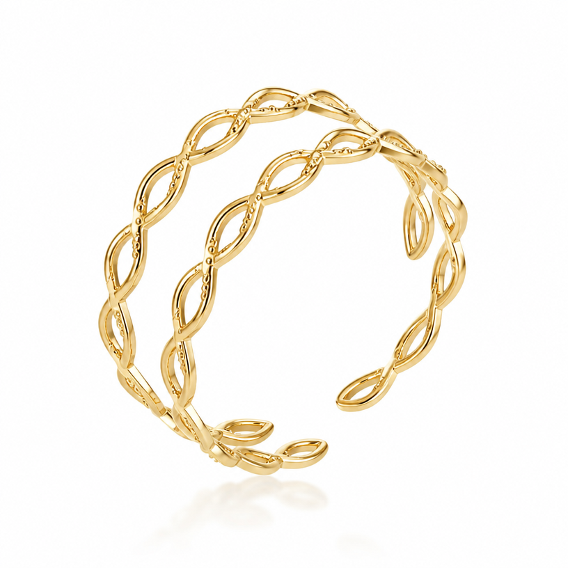 A nature women's ring made of gold, minimalist, simple and delicate, clean lines. turn this into a double chain
using the attached image as a visual reference, create A nature women's ring made of gold, minimalist, simple and delicate, clean lines. turn this into a double chain. photorealistic, just the design no text