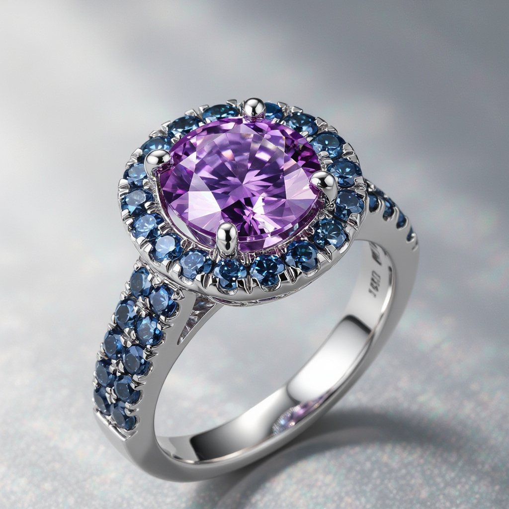 Amethyst color diamond surrounded by dark blue diamonds 