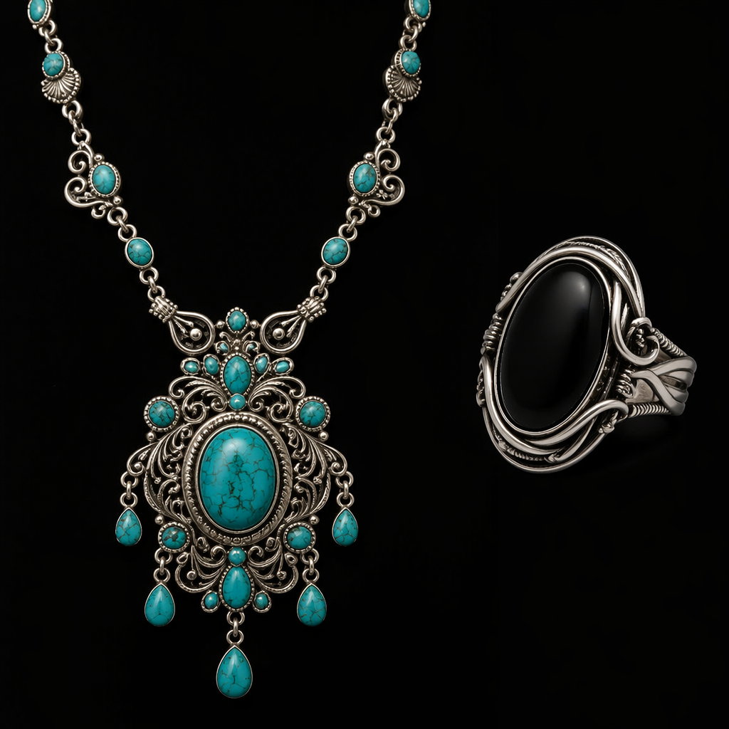 A vintage women's necklace made of silver with turquoise stones suitable for party. Un anillo ovalado, con una onix o al y encima cubierto con hilos de plata
photorealistic jewelry design, A vintage women's necklace made of silver with turquoise stones suitable for party. Un anillo ovalado, con una onix o al y encima cubierto con hilos de plata, vintage style, just the design no text