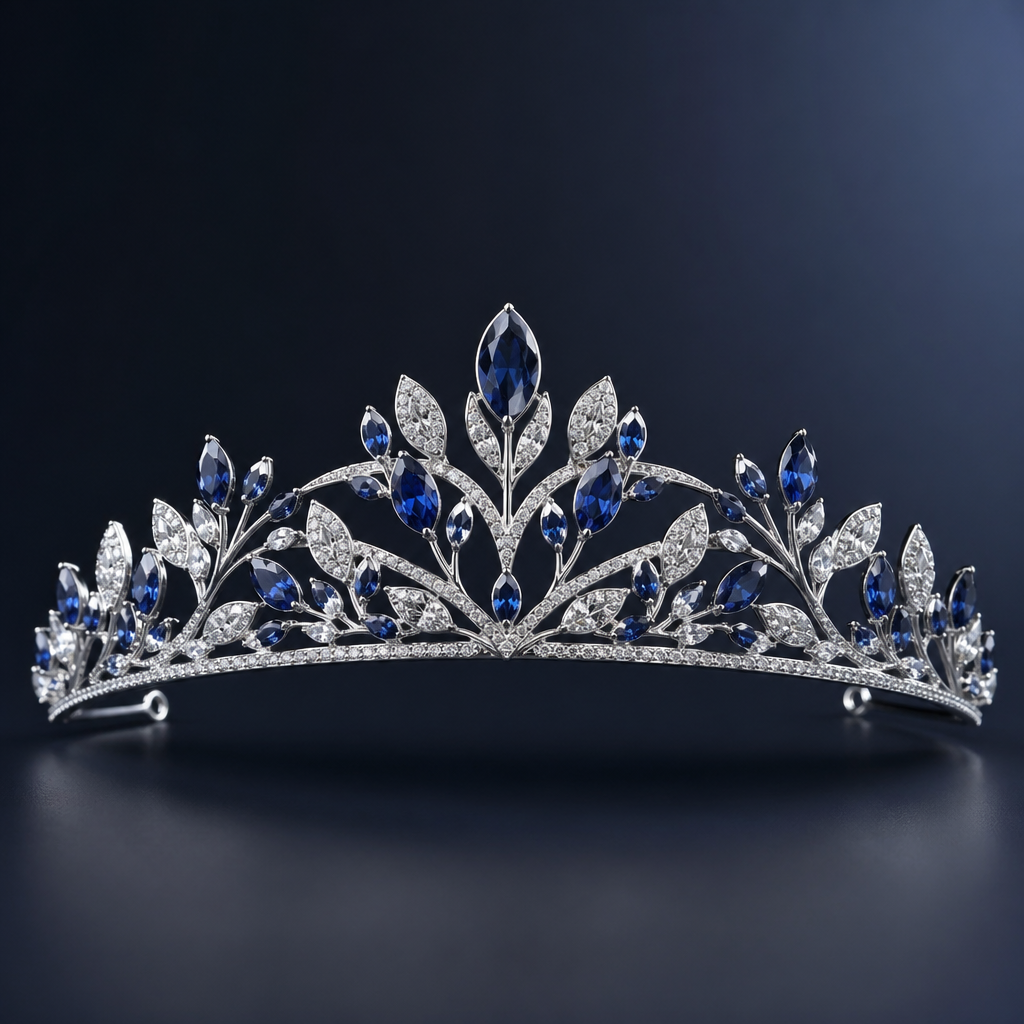 A modern women's tiara made of silver with diamond and sapphire stones. an elegant tiara
photorealistic jewelry design, A modern women's tiara made of silver with diamond and sapphire stones. an elegant tiara, modern style, just the design no text