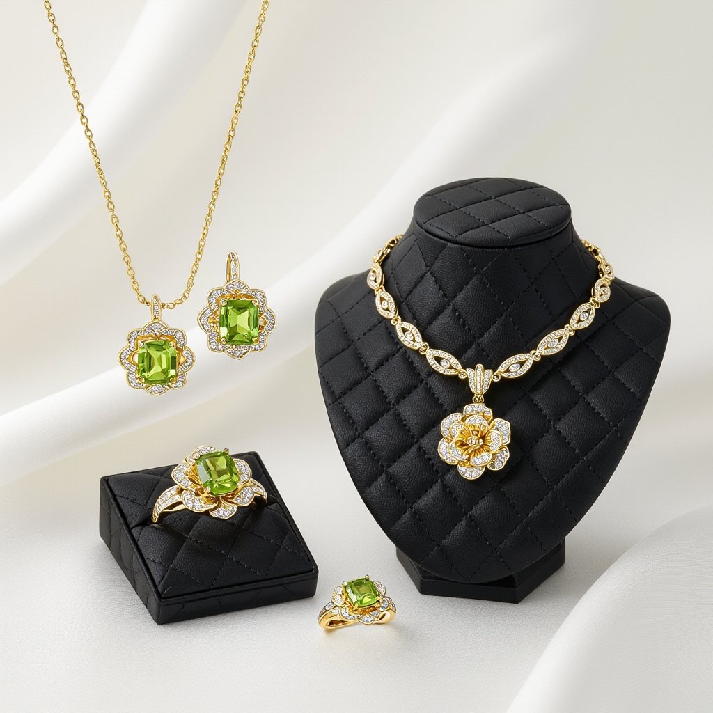 Modern peridot earring and necklace and ring jewelry design with gold