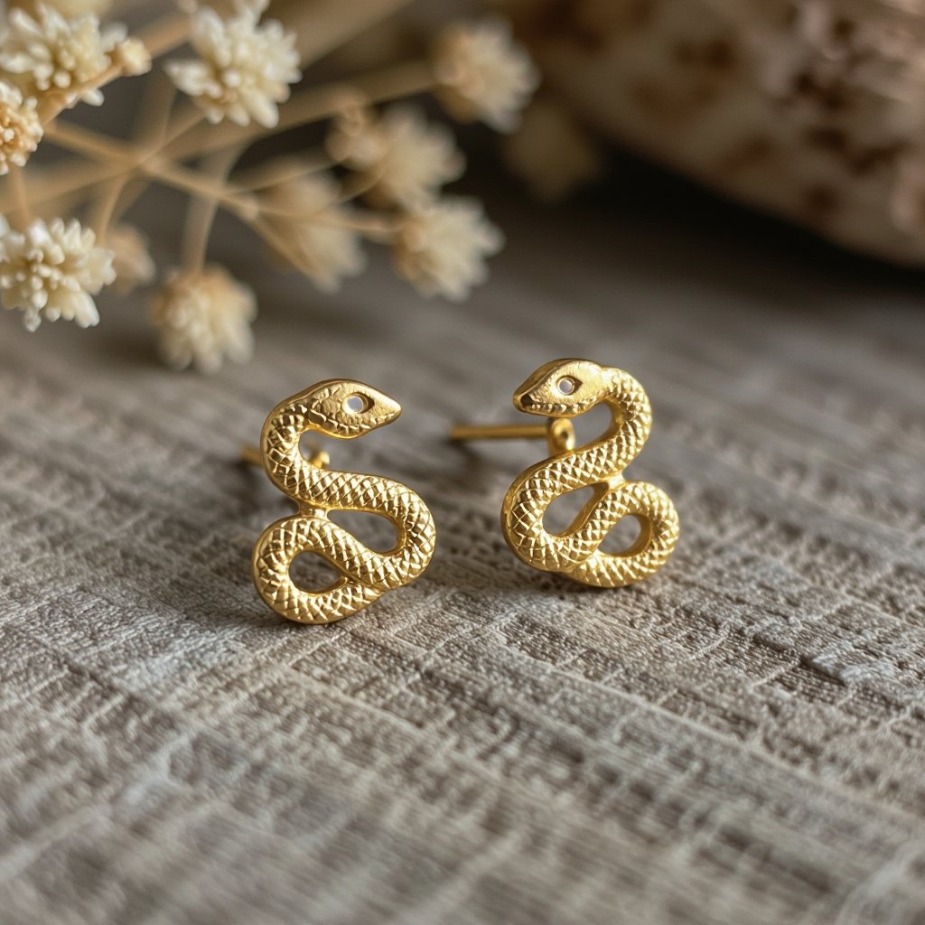Небольшие золотые матовые серьги в виде символической змеи