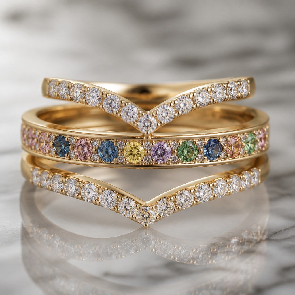 3 separate bands, two have a v poking out in the middle is a thin solid band with a multi color diamond stones with small diamonds around it.
photorealistic jewelry design, 3 separate bands, two have a v poking out in the middle is a thin solid band with a multi color diamond stones with small diamonds around it. , luxury style, just the design no text