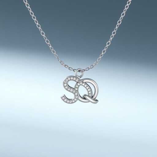 silver necklace with the pendant in letter letters SQ with white  stones. Make it cute and simple 