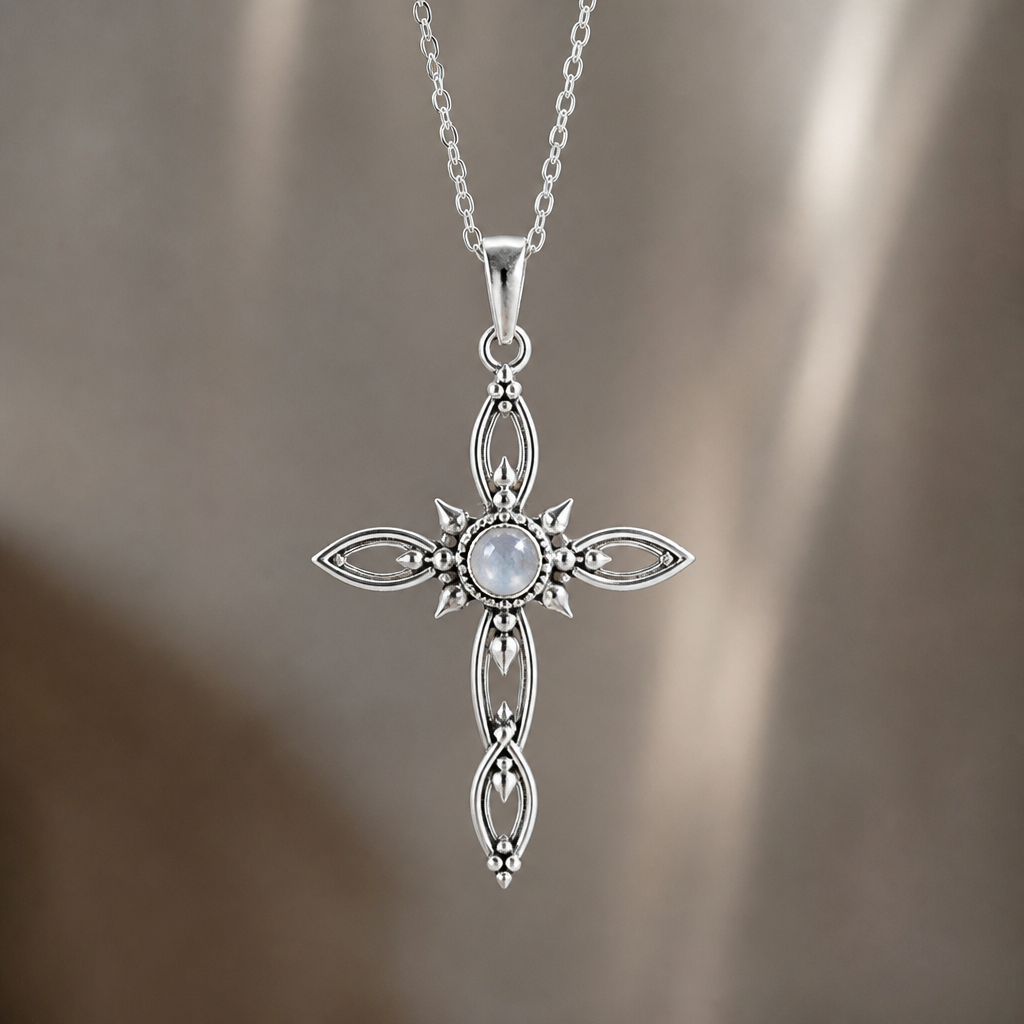 A bohemian women's pendant made of silver suitable for daily wear. An extraordinary excellent beautiful delicate and elegant, super modern Cross.
photorealistic jewelry design, A bohemian women's pendant made of silver suitable for daily wear. An extraordinary excellent beautiful delicate and elegant, super modern Cross., bohemian style, just the design no text