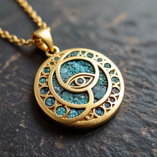 Подвеска из матового золота с узорами и мелкими необработанными матовыми камнями в форме двух пересекающихся окружностей и глаза между ними