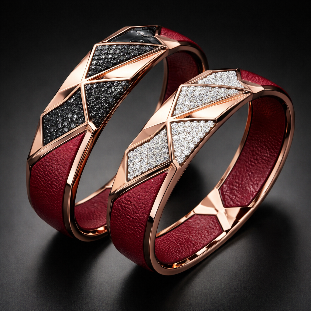 Geomatric abstract shape of bangle leather of matching for couple white and black diamonds of edgy style and red leather