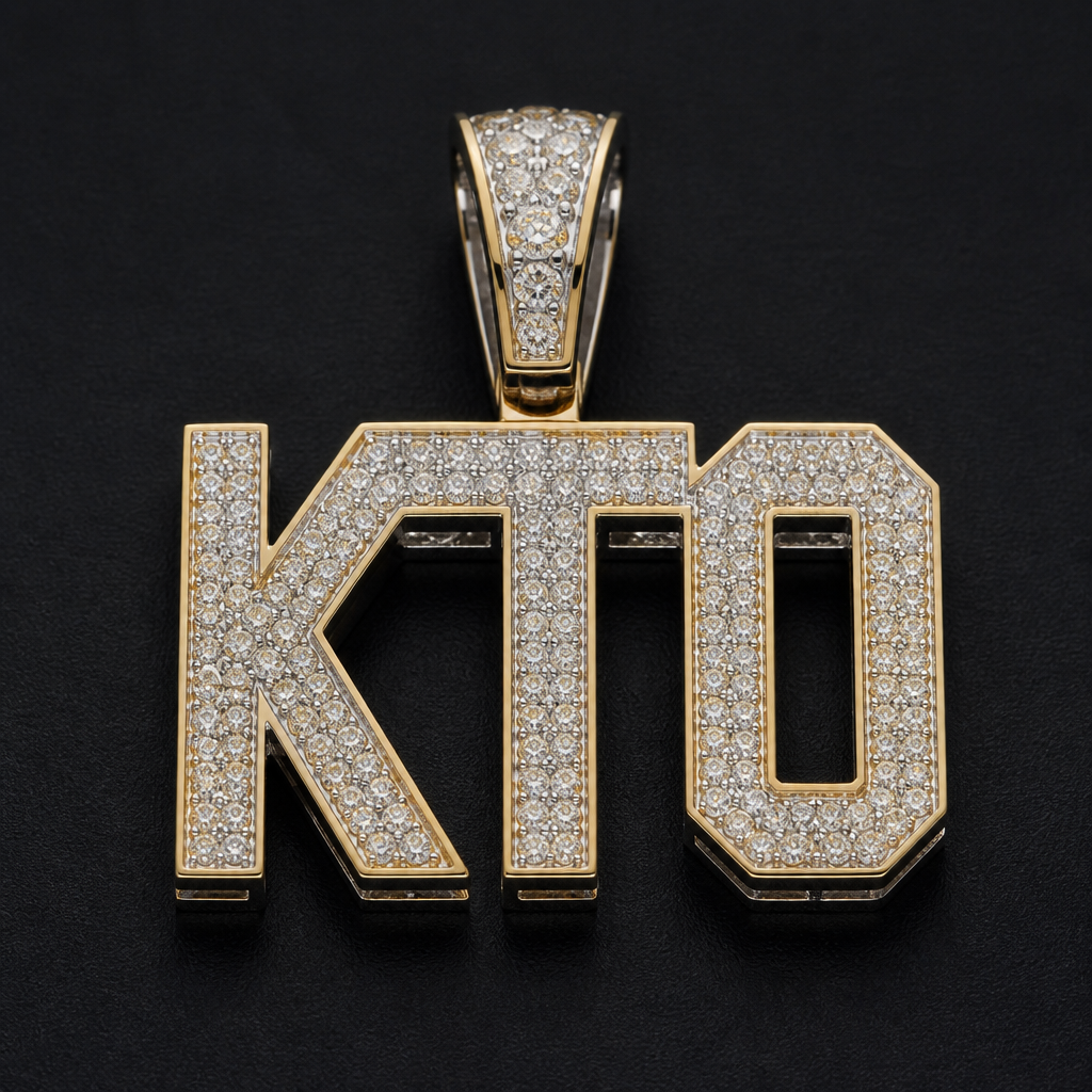 A men's pendant made of silver with diamond stones. A gold plated 925 sterling silver vvs cvd diamond pendant lettering KT0
photorealistic jewelry design, A men's pendant made of silver with diamond stones. A gold plated 925 sterling silver vvs cvd diamond pendant lettering KT0, modern style, just the design no text