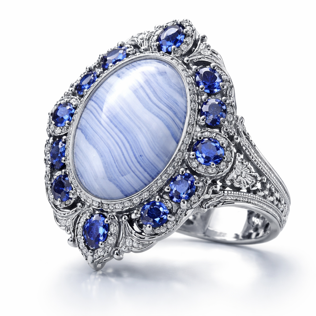 Make me a ring with blue lace agate in the middle and have a royal blue as the accents. Silver too. Make it look noble